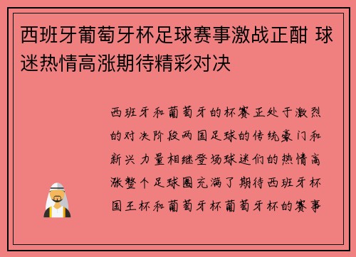 西班牙葡萄牙杯足球赛事激战正酣 球迷热情高涨期待精彩对决